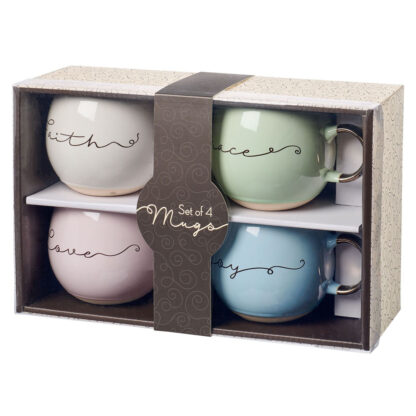 JUEGO DE 4 TAZAS (FE, GRACIA, AMOR Y GOZO)