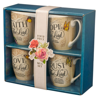 SET DE 4 TAZAS FE, ESPERA, CONFIA Y AMA
